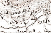 Udsnit af Videnskabernes Selskabs kort fra 1791. Volk Mølle og klostertomten ses nord for kirken.