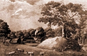 Nørreris Voldsted med Niels Ebbesens eg på et kobberstik fra 1811.