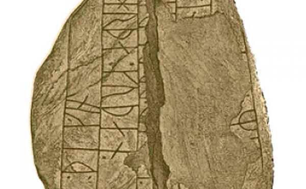 1: Langåstenen III optegnet af Wimmer, 1899-1901 med runeteksten X (rejste denne) sten (efter Y) sin broder, en meget god Thegn