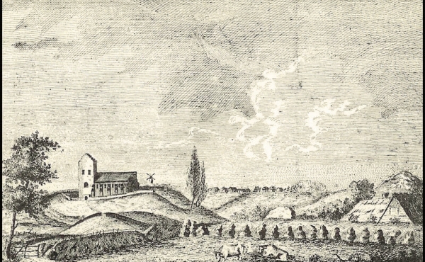 18: Ældste afbildning af Grønsalen med Fanefjord Kirke i baggrunden. Paludan 1799.