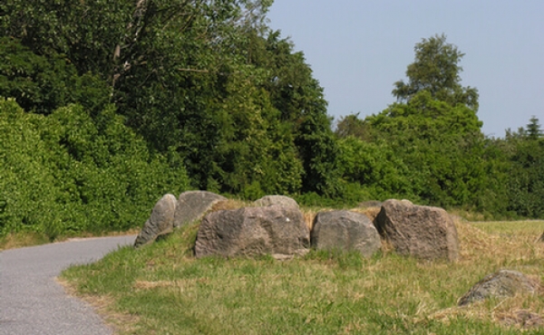 Langdyssetomten set fra vest. I forgrunden de tre bæresten som er tilbage fra det vestlige gravkammer.