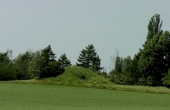 Jættestuen ligger i vestkanten af marken. En trampesti i markskellet fører frem til højen. Her set fra øst.